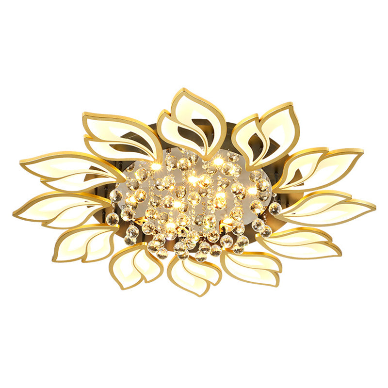 Gold Finish Flower Ceiling Lighting Contemporary LED Metal Semi Flush Mount with Crystal Ball Clearhalo 'Ceiling Lights' 'Close To Ceiling Lights' 'Close to ceiling' 'Semi-flushmount' Lighting' 2556474