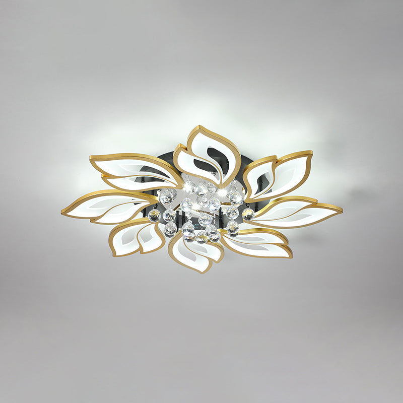 Gold Finish Flower Ceiling Lighting Contemporary LED Metal Semi Flush Mount with Crystal Ball 8 Gold White Clearhalo 'Ceiling Lights' 'Close To Ceiling Lights' 'Close to ceiling' 'Semi-flushmount' Lighting' 2556475