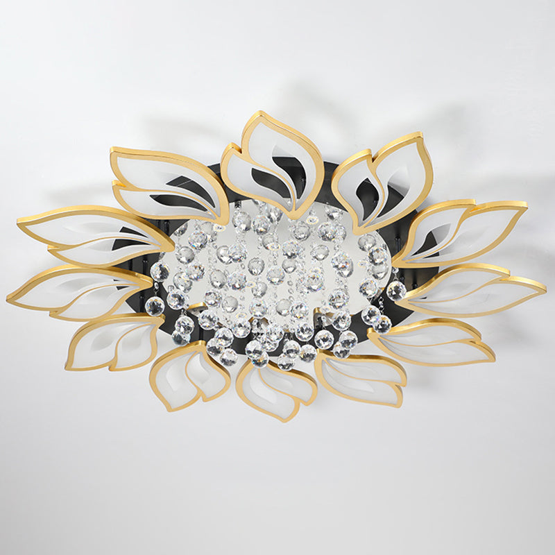 Gold Finish Flower Ceiling Lighting Contemporary LED Metal Semi Flush Mount with Crystal Ball Clearhalo 'Ceiling Lights' 'Close To Ceiling Lights' 'Close to ceiling' 'Semi-flushmount' Lighting' 2556476
