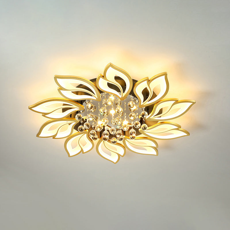 Gold Finish Flower Ceiling Lighting Contemporary LED Metal Semi Flush Mount with Crystal Ball 10 Gold Warm Clearhalo 'Ceiling Lights' 'Close To Ceiling Lights' 'Close to ceiling' 'Semi-flushmount' Lighting' 2556478