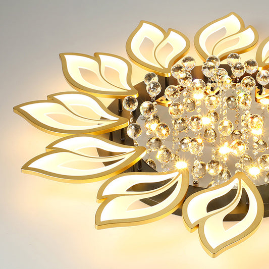 Gold Finish Flower Ceiling Lighting Contemporary LED Metal Semi Flush Mount with Crystal Ball Clearhalo 'Ceiling Lights' 'Close To Ceiling Lights' 'Close to ceiling' 'Semi-flushmount' Lighting' 2556479
