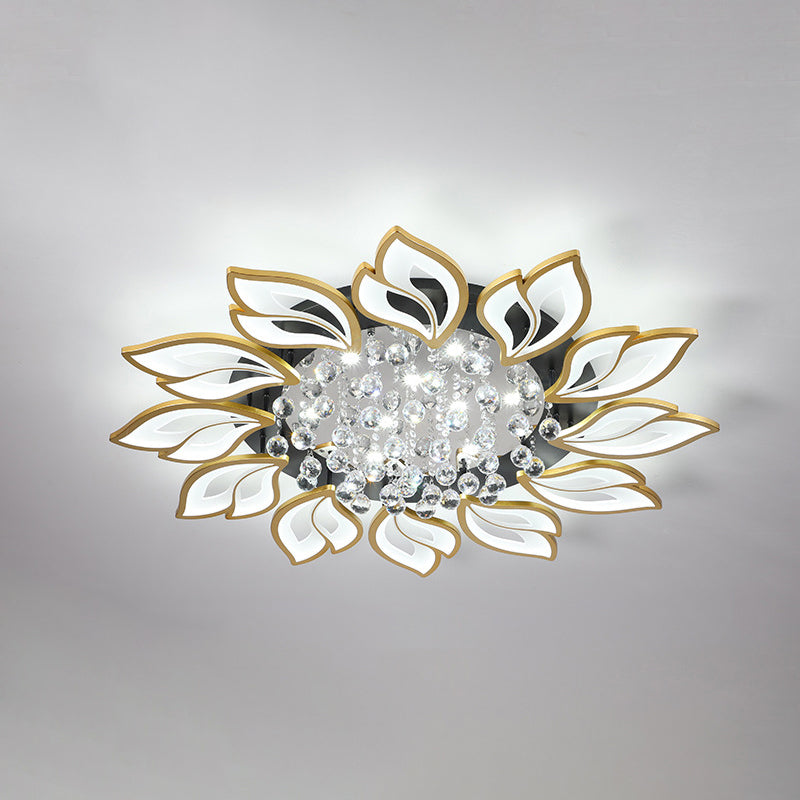 Gold Finish Flower Ceiling Lighting Contemporary LED Metal Semi Flush Mount with Crystal Ball 12 Gold White Clearhalo 'Ceiling Lights' 'Close To Ceiling Lights' 'Close to ceiling' 'Semi-flushmount' Lighting' 2556480