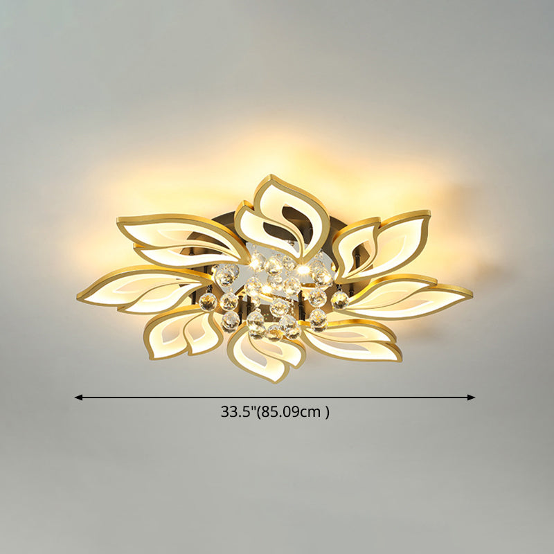 Gold Finish Flower Ceiling Lighting Contemporary LED Metal Semi Flush Mount with Crystal Ball Clearhalo 'Ceiling Lights' 'Close To Ceiling Lights' 'Close to ceiling' 'Semi-flushmount' Lighting' 2556481