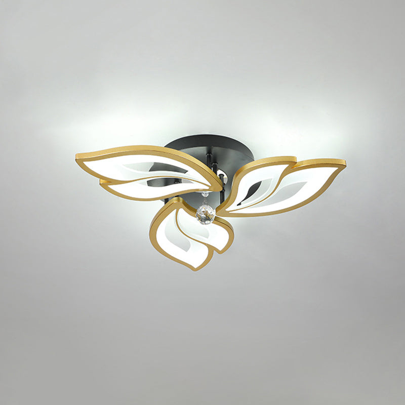 Gold Finish Flower Ceiling Lighting Contemporary LED Metal Semi Flush Mount with Crystal Ball 3 Gold White Clearhalo 'Ceiling Lights' 'Close To Ceiling Lights' 'Close to ceiling' 'Semi-flushmount' Lighting' 2556484