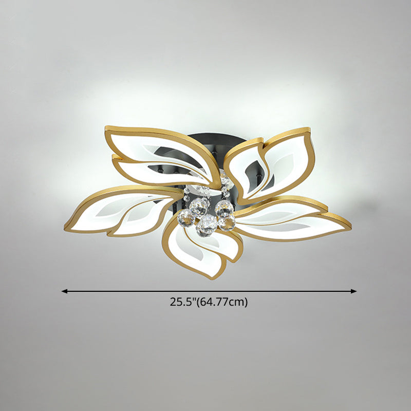Gold Finish Flower Ceiling Lighting Contemporary LED Metal Semi Flush Mount with Crystal Ball Clearhalo 'Ceiling Lights' 'Close To Ceiling Lights' 'Close to ceiling' 'Semi-flushmount' Lighting' 2556486