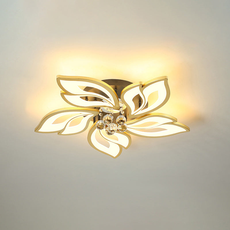Gold Finish Flower Ceiling Lighting Contemporary LED Metal Semi Flush Mount with Crystal Ball 5 Gold Warm Clearhalo 'Ceiling Lights' 'Close To Ceiling Lights' 'Close to ceiling' 'Semi-flushmount' Lighting' 2556487