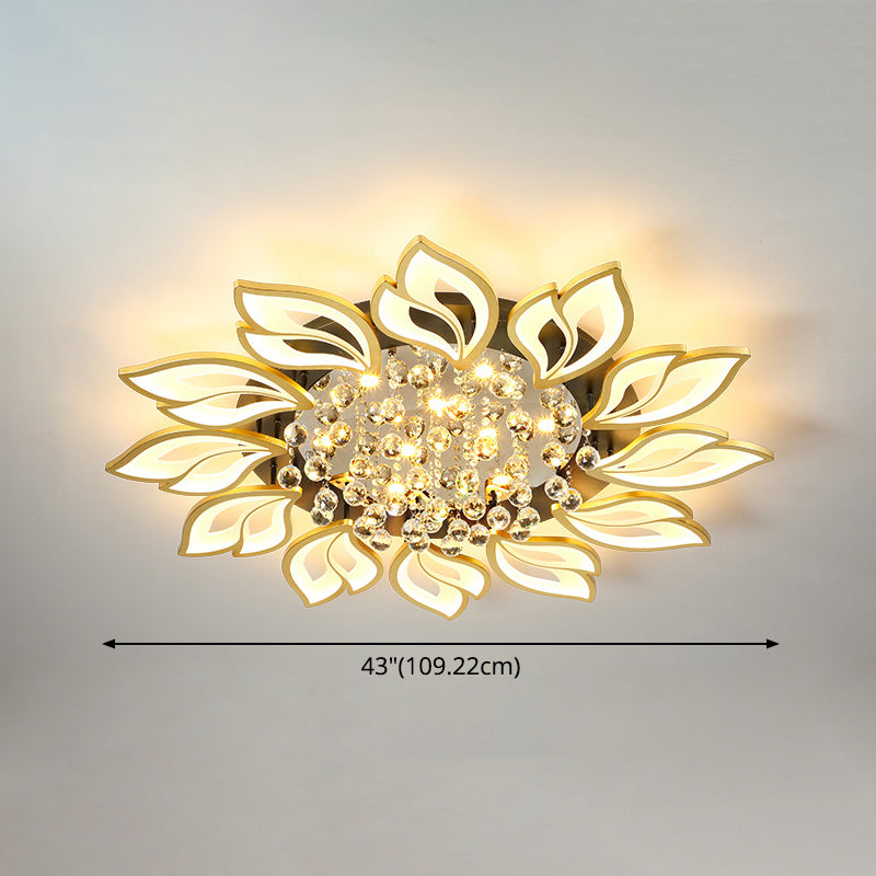 Gold Finish Flower Ceiling Lighting Contemporary LED Metal Semi Flush Mount with Crystal Ball Clearhalo 'Ceiling Lights' 'Close To Ceiling Lights' 'Close to ceiling' 'Semi-flushmount' Lighting' 2556488