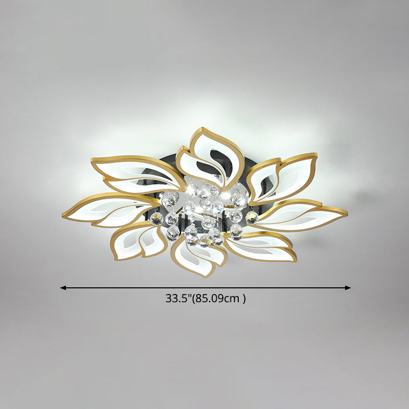 Gold Finish Flower Ceiling Lighting Contemporary LED Metal Semi Flush Mount with Crystal Ball Clearhalo 'Ceiling Lights' 'Close To Ceiling Lights' 'Close to ceiling' 'Semi-flushmount' Lighting' 2556492