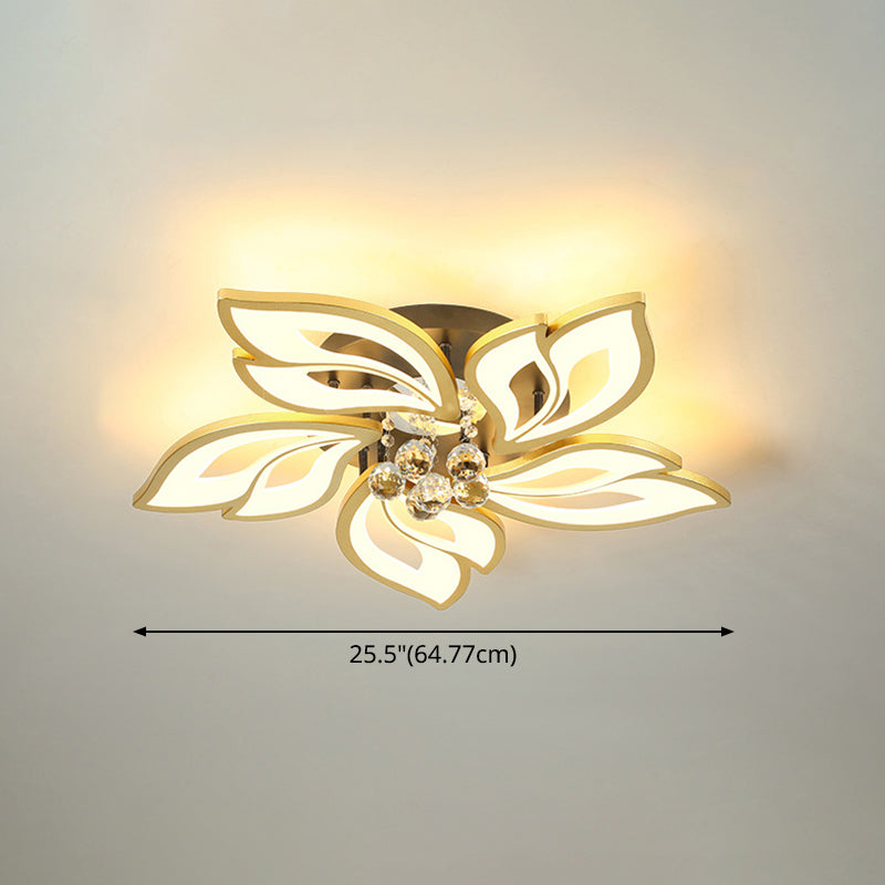 Gold Finish Flower Ceiling Lighting Contemporary LED Metal Semi Flush Mount with Crystal Ball Clearhalo 'Ceiling Lights' 'Close To Ceiling Lights' 'Close to ceiling' 'Semi-flushmount' Lighting' 2556498
