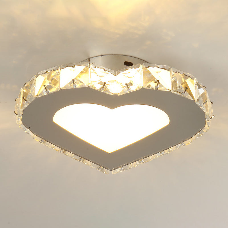 Crystal Embedded Small Ceiling Lamp Simple Stainless Steel LED Flush Light for Hallway Stainless-Steel Loving Heart Clearhalo 'Ceiling Lights' 'Close To Ceiling Lights' 'Close to ceiling' 'Flush mount' Lighting' 2556526
