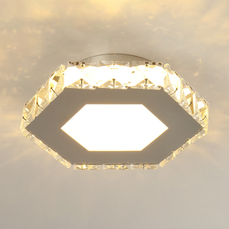 Crystal Embedded Small Ceiling Lamp Simple Stainless Steel LED Flush Light for Hallway Stainless-Steel Hexagon Clearhalo 'Ceiling Lights' 'Close To Ceiling Lights' 'Close to ceiling' 'Flush mount' Lighting' 2556528