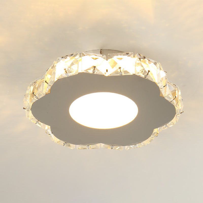 Crystal Embedded Small Ceiling Lamp Simple Stainless Steel LED Flush Light for Hallway Stainless-Steel Flower Clearhalo 'Ceiling Lights' 'Close To Ceiling Lights' 'Close to ceiling' 'Flush mount' Lighting' 2556532