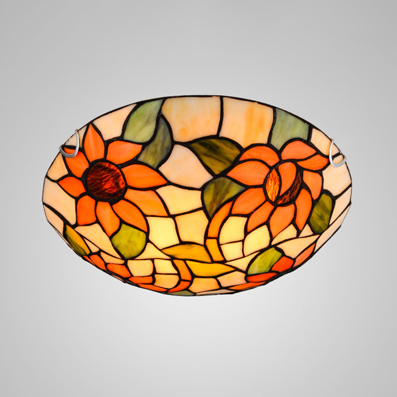 Sunflower Flush Mount Ceiling Light Tiffany Stained Glass Orange Flush Light in Bowl Shape Orange Clearhalo 'Ceiling Lights' 'Close To Ceiling Lights' 'Close to ceiling' 'Flush mount' Lighting' 2556555