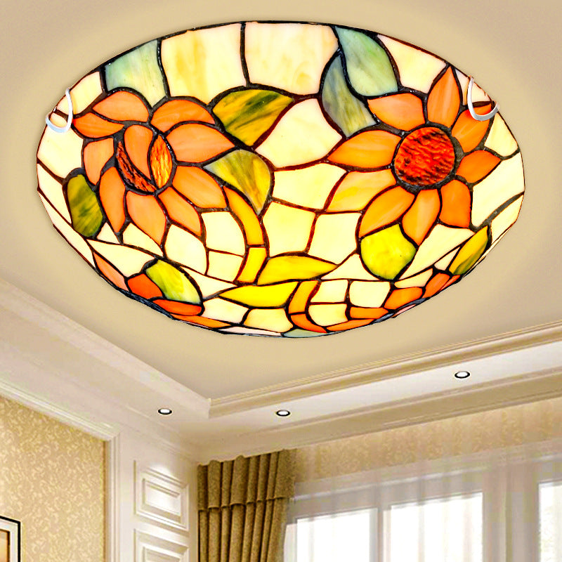 Sunflower Flush Mount Ceiling Light Tiffany Stained Glass Orange Flush Light in Bowl Shape Clearhalo 'Ceiling Lights' 'Close To Ceiling Lights' 'Close to ceiling' 'Flush mount' Lighting' 2556556