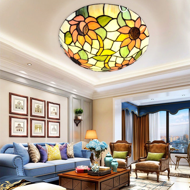Sunflower Flush Mount Ceiling Light Tiffany Stained Glass Orange Flush Light in Bowl Shape Clearhalo 'Ceiling Lights' 'Close To Ceiling Lights' 'Close to ceiling' 'Flush mount' Lighting' 2556558