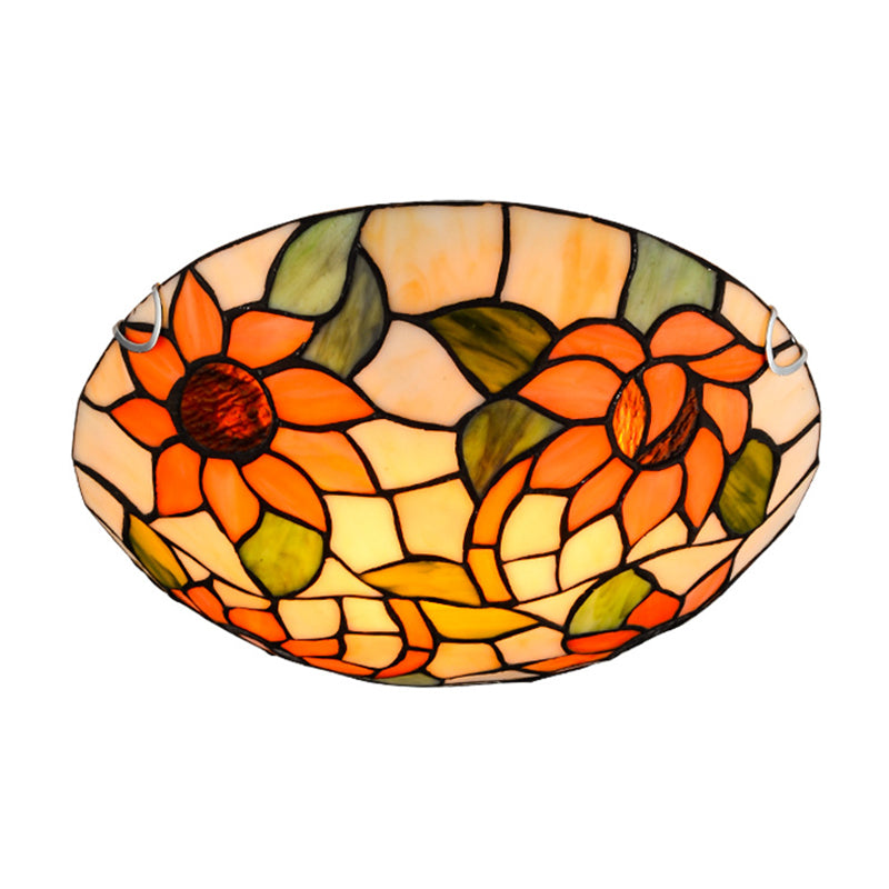 Sunflower Flush Mount Ceiling Light Tiffany Stained Glass Orange Flush Light in Bowl Shape Clearhalo 'Ceiling Lights' 'Close To Ceiling Lights' 'Close to ceiling' 'Flush mount' Lighting' 2556559