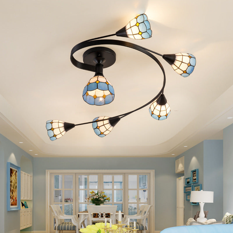 Floral Swirl Semi Flush Light Blue-White Glass Mediterranean Ceiling Light for Living Room Clearhalo 'Ceiling Lights' 'Close To Ceiling Lights' 'Close to ceiling' 'Glass shade' 'Glass' 'Semi-flushmount' 'Tiffany close to ceiling' 'Tiffany' Lighting' 2556567