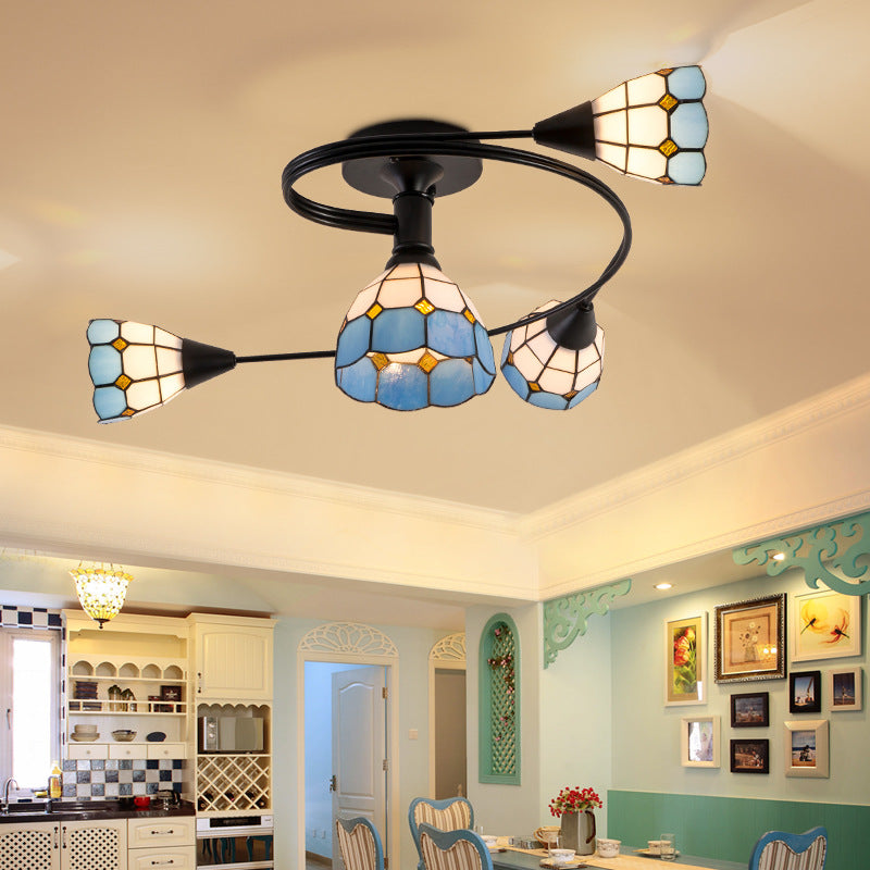 Floral Swirl Semi Flush Light Blue-White Glass Mediterranean Ceiling Light for Living Room Clearhalo 'Ceiling Lights' 'Close To Ceiling Lights' 'Close to ceiling' 'Glass shade' 'Glass' 'Semi-flushmount' 'Tiffany close to ceiling' 'Tiffany' Lighting' 2556574