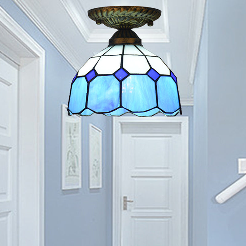 Floral Small Ceiling Mount Lamp Mediterranean Cut Glass 1 Head Semi Flush Mount Lighting for Foyer Clearhalo 'Ceiling Lights' 'Close To Ceiling Lights' 'Close to ceiling' 'Glass shade' 'Glass' 'Semi-flushmount' 'Tiffany close to ceiling' 'Tiffany' Lighting' 2556583