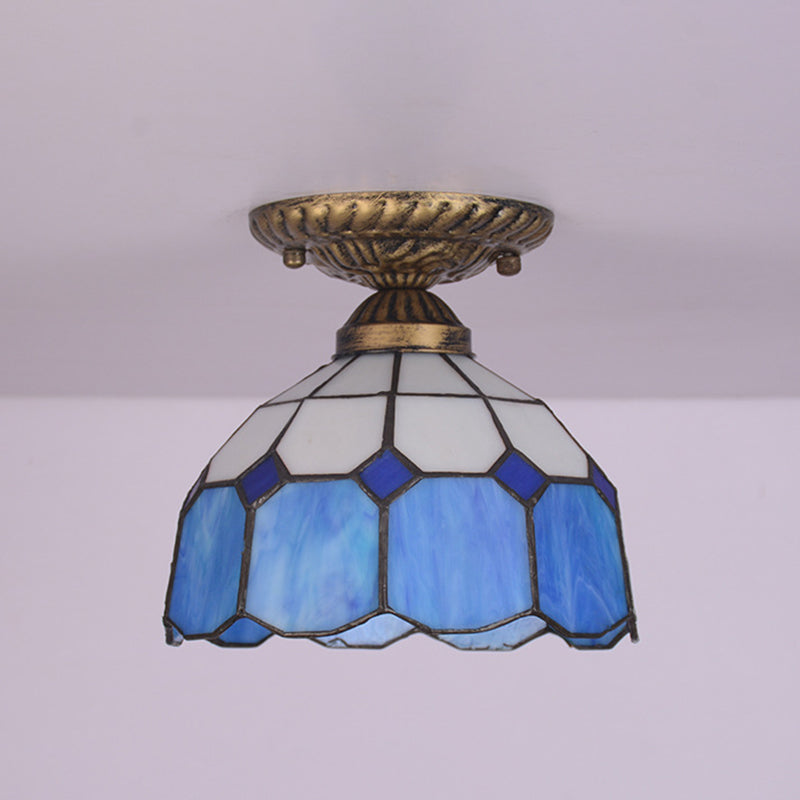 Floral Small Ceiling Mount Lamp Mediterranean Cut Glass 1 Head Semi Flush Mount Lighting for Foyer Blue Clearhalo 'Ceiling Lights' 'Close To Ceiling Lights' 'Close to ceiling' 'Glass shade' 'Glass' 'Semi-flushmount' 'Tiffany close to ceiling' 'Tiffany' Lighting' 2556584