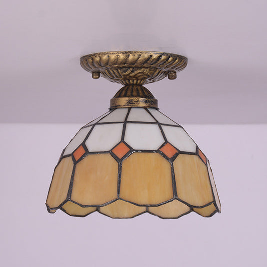 Floral Small Ceiling Mount Lamp Mediterranean Cut Glass 1 Head Semi Flush Mount Lighting for Foyer Yellow Clearhalo 'Ceiling Lights' 'Close To Ceiling Lights' 'Close to ceiling' 'Glass shade' 'Glass' 'Semi-flushmount' 'Tiffany close to ceiling' 'Tiffany' Lighting' 2556585