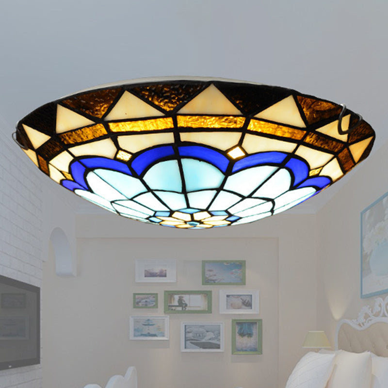 Dome Ceiling Flush Light Vintage Blue Handcrafted Glass Flushmount with Feather Pattern Clearhalo 'Ceiling Lights' 'Close To Ceiling Lights' 'Close to ceiling' 'Flush mount' Lighting' 2556590