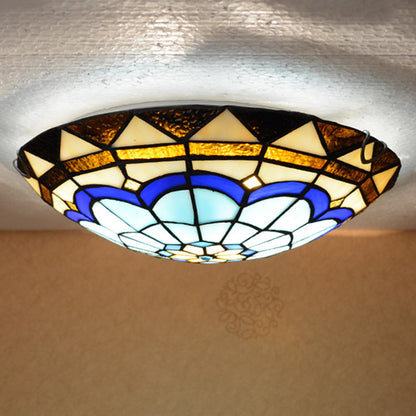 Dome Ceiling Flush Light Vintage Blue Handcrafted Glass Flushmount with Feather Pattern Blue Clearhalo 'Ceiling Lights' 'Close To Ceiling Lights' 'Close to ceiling' 'Flush mount' Lighting' 2556591