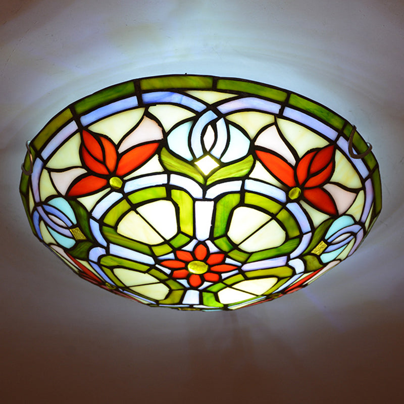 Red Flower Round Flush Mount Tiffany Stained Art Glass Ceiling Light for Bedroom - Clearhalo - 'Ceiling Lights' - 'Close To Ceiling Lights' - 'Close to ceiling' - 'Flush mount' - Lighting' - 2556596