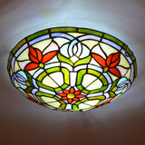 Red Flower Round Flush Mount Tiffany Stained Art Glass Ceiling Light for Bedroom - Clearhalo - 'Ceiling Lights' - 'Close To Ceiling Lights' - 'Close to ceiling' - 'Flush mount' - Lighting' - 2556596