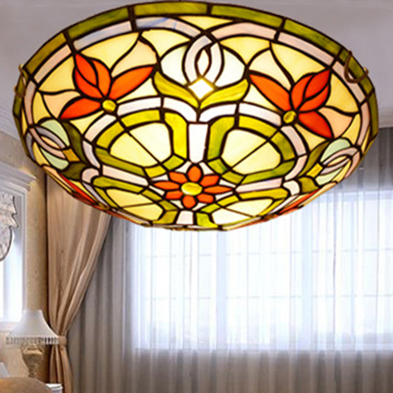 Red Flower Round Flush Mount Tiffany Stained Art Glass Ceiling Light for Bedroom - Red - Clearhalo - 'Ceiling Lights' - 'Close To Ceiling Lights' - 'Close to ceiling' - 'Flush mount' - Lighting' - 2556597