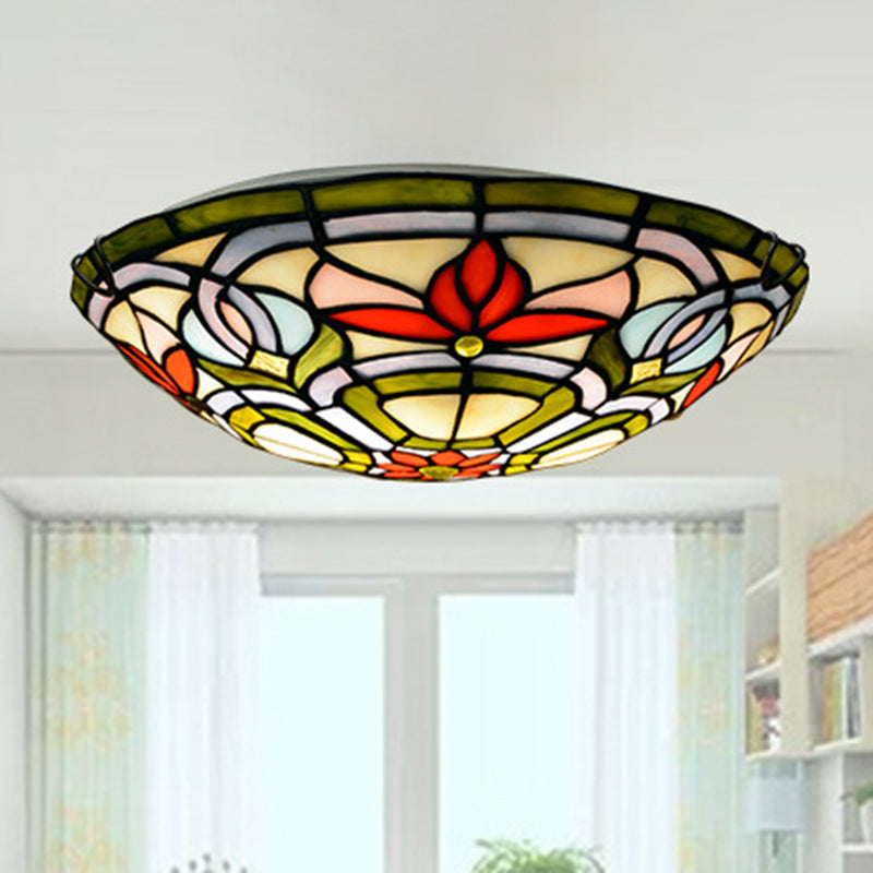 Red Flower Round Flush Mount Tiffany Stained Art Glass Ceiling Light for Bedroom - Clearhalo - 'Ceiling Lights' - 'Close To Ceiling Lights' - 'Close to ceiling' - 'Flush mount' - Lighting' - 2556598