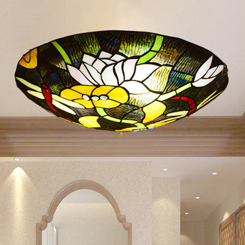 Black Bowl Shaped Ceiling Lamp Tiffany Stained Glass Flush Mount Light with Lotus and Dragonfly Pattern Clearhalo 'Ceiling Lights' 'Close To Ceiling Lights' 'Close to ceiling' 'Flush mount' Lighting' 2556615