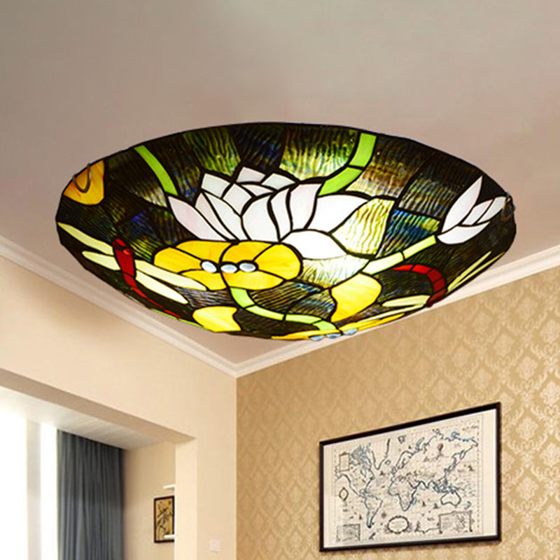 Black Bowl Shaped Ceiling Lamp Tiffany Stained Glass Flush Mount Light with Lotus and Dragonfly Pattern Black Clearhalo 'Ceiling Lights' 'Close To Ceiling Lights' 'Close to ceiling' 'Flush mount' Lighting' 2556616