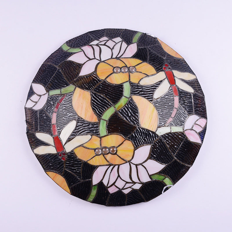 Black Bowl Shaped Ceiling Lamp Tiffany Stained Glass Flush Mount Light with Lotus and Dragonfly Pattern Clearhalo 'Ceiling Lights' 'Close To Ceiling Lights' 'Close to ceiling' 'Flush mount' Lighting' 2556617