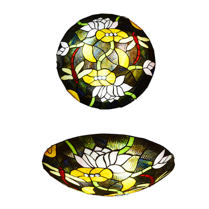 Black Bowl Shaped Ceiling Lamp Tiffany Stained Glass Flush Mount Light with Lotus and Dragonfly Pattern Clearhalo 'Ceiling Lights' 'Close To Ceiling Lights' 'Close to ceiling' 'Flush mount' Lighting' 2556618