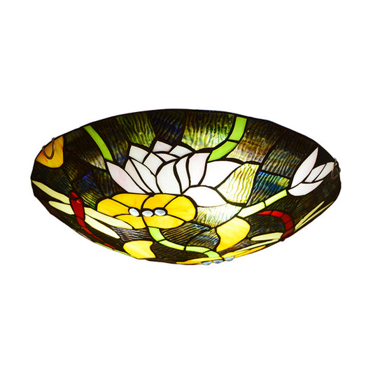 Black Bowl Shaped Ceiling Lamp Tiffany Stained Glass Flush Mount Light with Lotus and Dragonfly Pattern Clearhalo 'Ceiling Lights' 'Close To Ceiling Lights' 'Close to ceiling' 'Flush mount' Lighting' 2556620