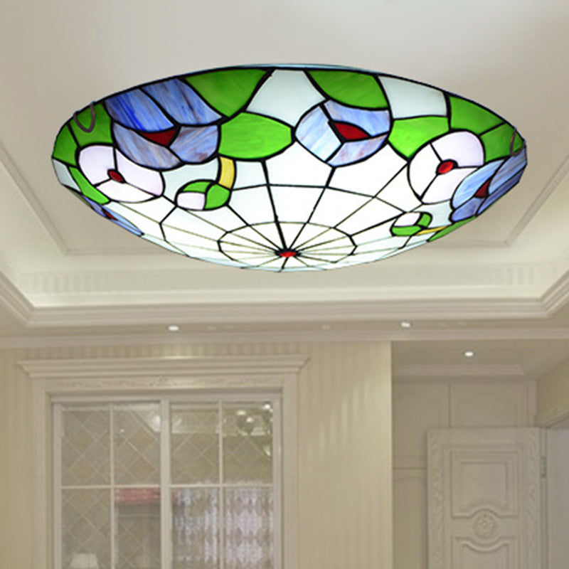 Ceiling Flush Mount Light Tiffany Morning Glory Stained Glass Flush Light in Green Clearhalo 'Ceiling Lights' 'Close To Ceiling Lights' 'Close to ceiling' 'Flush mount' Lighting' 2556621