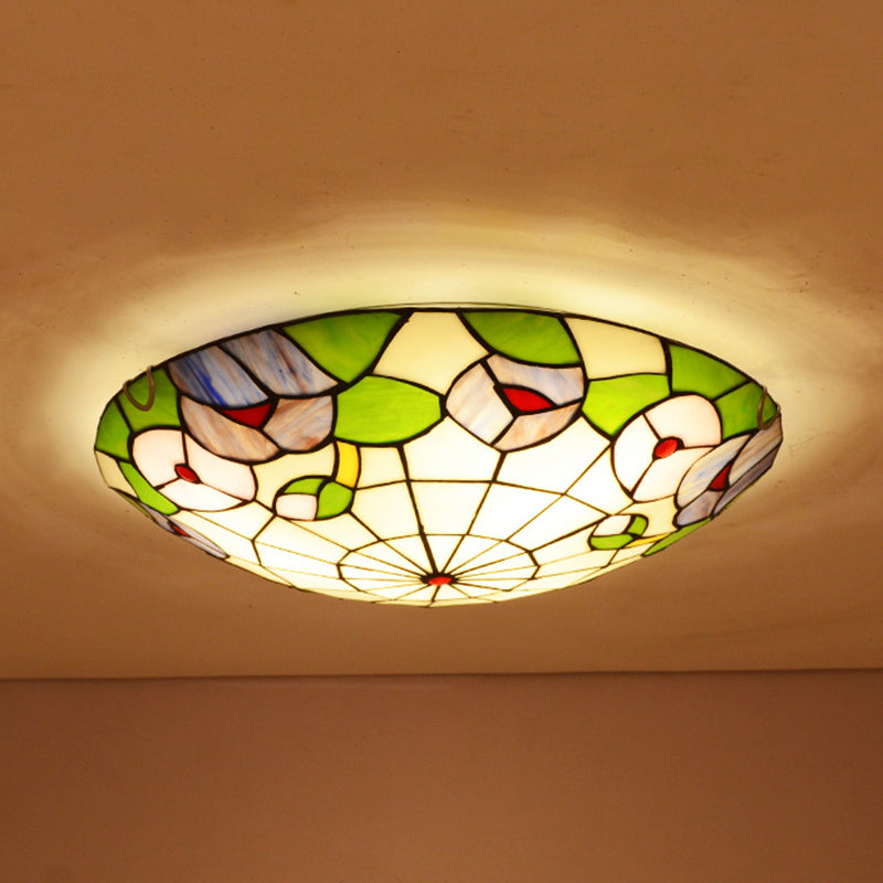 Ceiling Flush Mount Light Tiffany Morning Glory Stained Glass Flush Light in Green Clearhalo 'Ceiling Lights' 'Close To Ceiling Lights' 'Close to ceiling' 'Flush mount' Lighting' 2556623