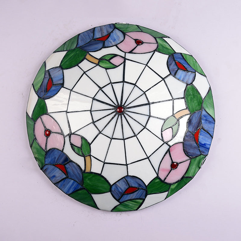 Ceiling Flush Mount Light Tiffany Morning Glory Stained Glass Flush Light in Green Clearhalo 'Ceiling Lights' 'Close To Ceiling Lights' 'Close to ceiling' 'Flush mount' Lighting' 2556624