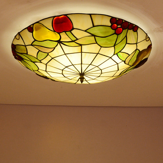 Green Flush Mount Ceiling Fixture Tiffany Cut Glass Bowl Flush Lamp with Fruit Pattern Clearhalo 'Ceiling Lights' 'Close To Ceiling Lights' 'Close to ceiling' 'Flush mount' Lighting' 2556627