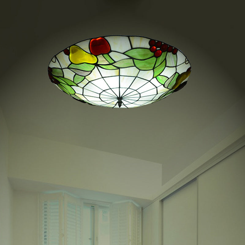 Green Flush Mount Ceiling Fixture Tiffany Cut Glass Bowl Flush Lamp with Fruit Pattern Clearhalo 'Ceiling Lights' 'Close To Ceiling Lights' 'Close to ceiling' 'Flush mount' Lighting' 2556629