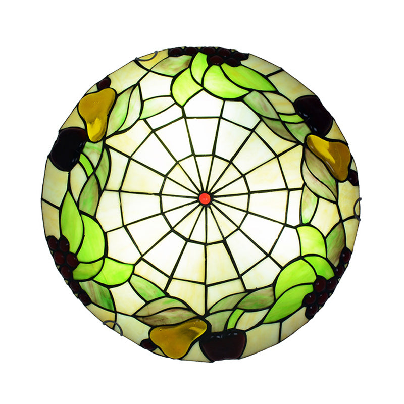 Green Flush Mount Ceiling Fixture Tiffany Cut Glass Bowl Flush Lamp with Fruit Pattern Clearhalo 'Ceiling Lights' 'Close To Ceiling Lights' 'Close to ceiling' 'Flush mount' Lighting' 2556630