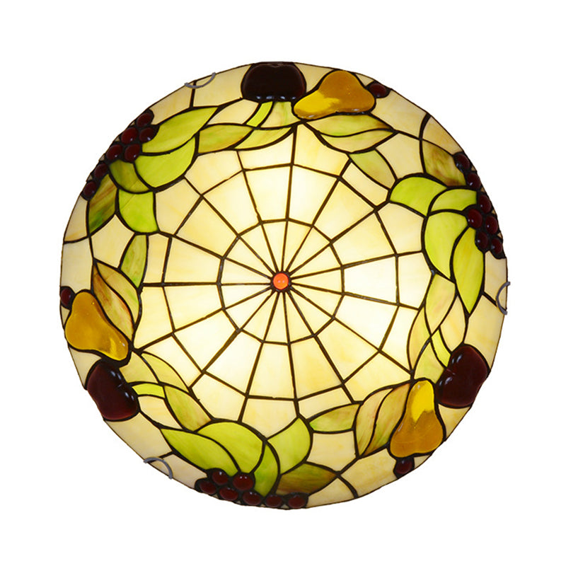 Green Flush Mount Ceiling Fixture Tiffany Cut Glass Bowl Flush Lamp with Fruit Pattern Clearhalo 'Ceiling Lights' 'Close To Ceiling Lights' 'Close to ceiling' 'Flush mount' Lighting' 2556631