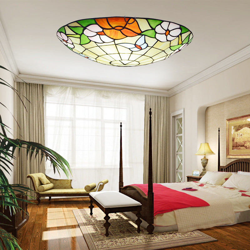 Multicolored Stained Glass Bowl Flushmount Tiffany-Style Ceiling Light for Bedroom Clearhalo 'Ceiling Lights' 'Close To Ceiling Lights' 'Close to ceiling' 'Flush mount' Lighting' 2556636