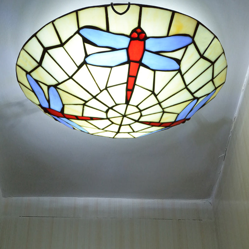 Dragonfly Round Ceiling Lighting Hand-Crafted Glass Tiffany Flush Mount Light in Sky Blue Clearhalo 'Ceiling Lights' 'Close To Ceiling Lights' 'Close to ceiling' 'Flush mount' Lighting' 2556642