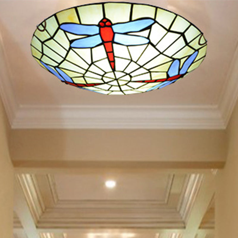 Dragonfly Round Ceiling Lighting Hand-Crafted Glass Tiffany Flush Mount Light in Sky Blue Sky Blue Clearhalo 'Ceiling Lights' 'Close To Ceiling Lights' 'Close to ceiling' 'Flush mount' Lighting' 2556643