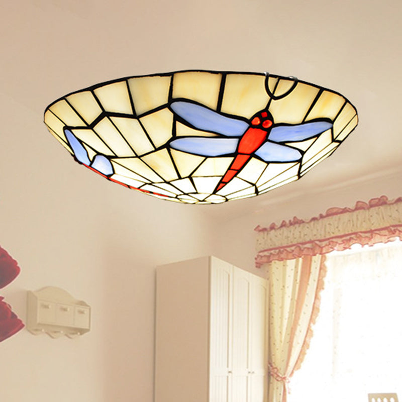 Dragonfly Round Ceiling Lighting Hand-Crafted Glass Tiffany Flush Mount Light in Sky Blue Clearhalo 'Ceiling Lights' 'Close To Ceiling Lights' 'Close to ceiling' 'Flush mount' Lighting' 2556644