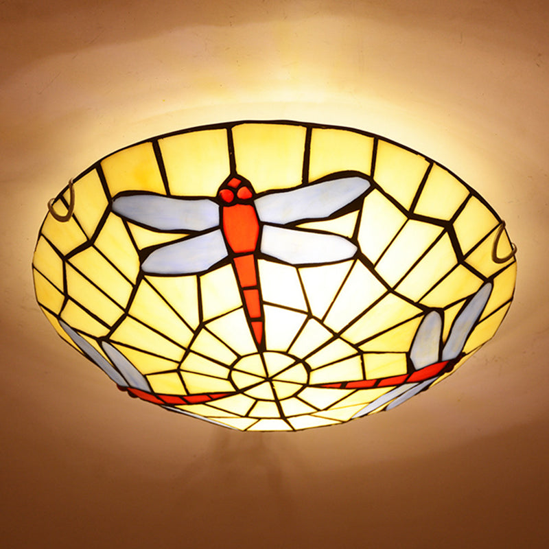 Dragonfly Round Ceiling Lighting Hand-Crafted Glass Tiffany Flush Mount Light in Sky Blue