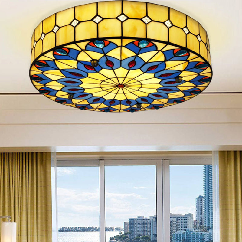 Drum Ceiling Mount Light Mediterranean Stained Glass Flush Mount Fixture for Bedroom - Clearhalo - 'Ceiling Lights' - 'Close To Ceiling Lights' - 'Close to ceiling' - 'Flush mount' - Lighting' - 2556651