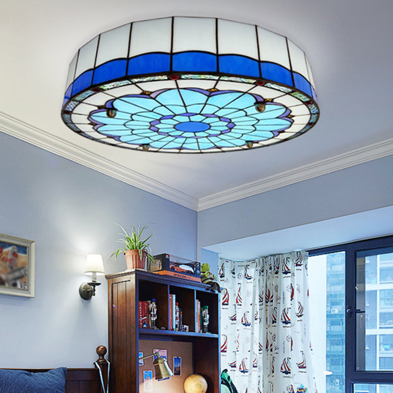 Drum Ceiling Mount Light Mediterranean Stained Glass Flush Mount Fixture for Bedroom Clearhalo 'Ceiling Lights' 'Close To Ceiling Lights' 'Close to ceiling' 'Flush mount' Lighting' 2556663
